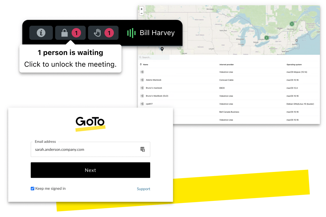 Interface showing GoTo Meetings security features; meeting lock, secure Start Free, device access.